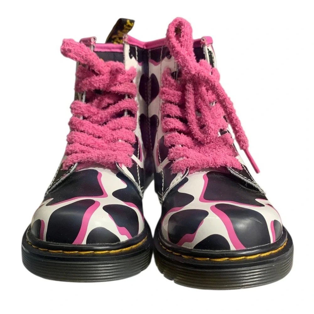 Kids Dr Martens Boots Cow‎ Print Pink Laces Side Zip Youth Size 1
